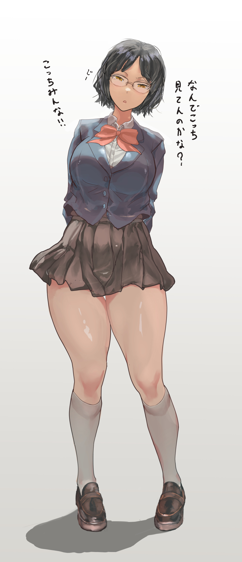 1girl, absurdres, arms_behind_back, black_hair, black_jacket, blazer, bow, bowtie