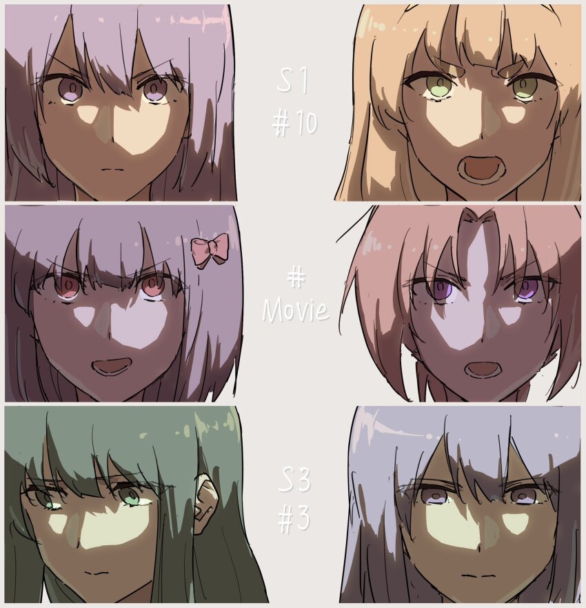 5girls, angry, black_hair, bow, brown_hair, close-up, fighting, green_eyes