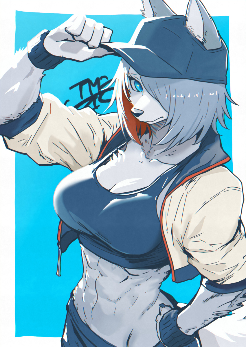 1girl, abs, absurdres, animal_ears, baseball_cap, blue_background, blue_eyes, blue_hat, blue_nails, border, breasts, closed_mouth, collarbone, commentary_request, cropped_jacket, ears_through_headwear, eyelashes, fingernails, furry, furry_female, grey_hair, hair_over_one_eye, hat, highres, jacket, long_eyelashes, midriff, multicolored_hair, muscular, muscular_female, navel, original, outside_border, red_hair, short_hair, signature, simple_background, sleeves_rolled_up, solo, sports_bra, sweatband, tail, tomochiso, two-tone_hair, white_border, wristband