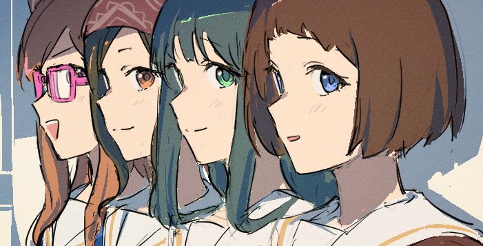 4girls, black_hair, blue_eyes, brown_eyes, brown_hair, from_side, green_eyes, hairband