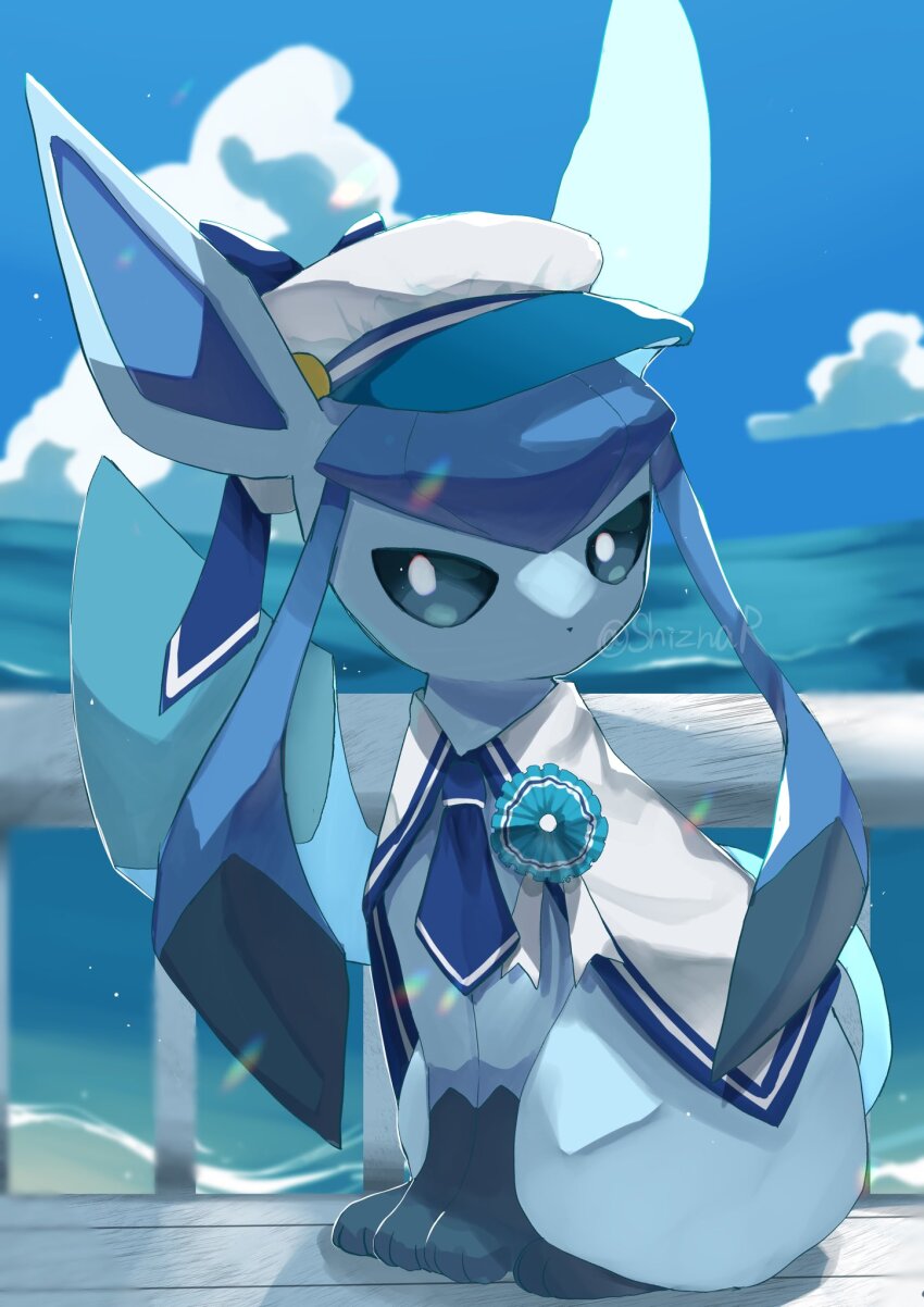 animal_focus, blue_eyes, blue_hair, clothed_pokemon, gen_4_pokemon, glaceon, glaceon_(summer_sailor), hat