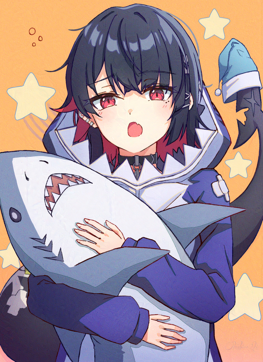 1girl, adversarial_noise, alternate_costume, animal_hood, aqua_hat, belt_collar, black_collar, black_hair