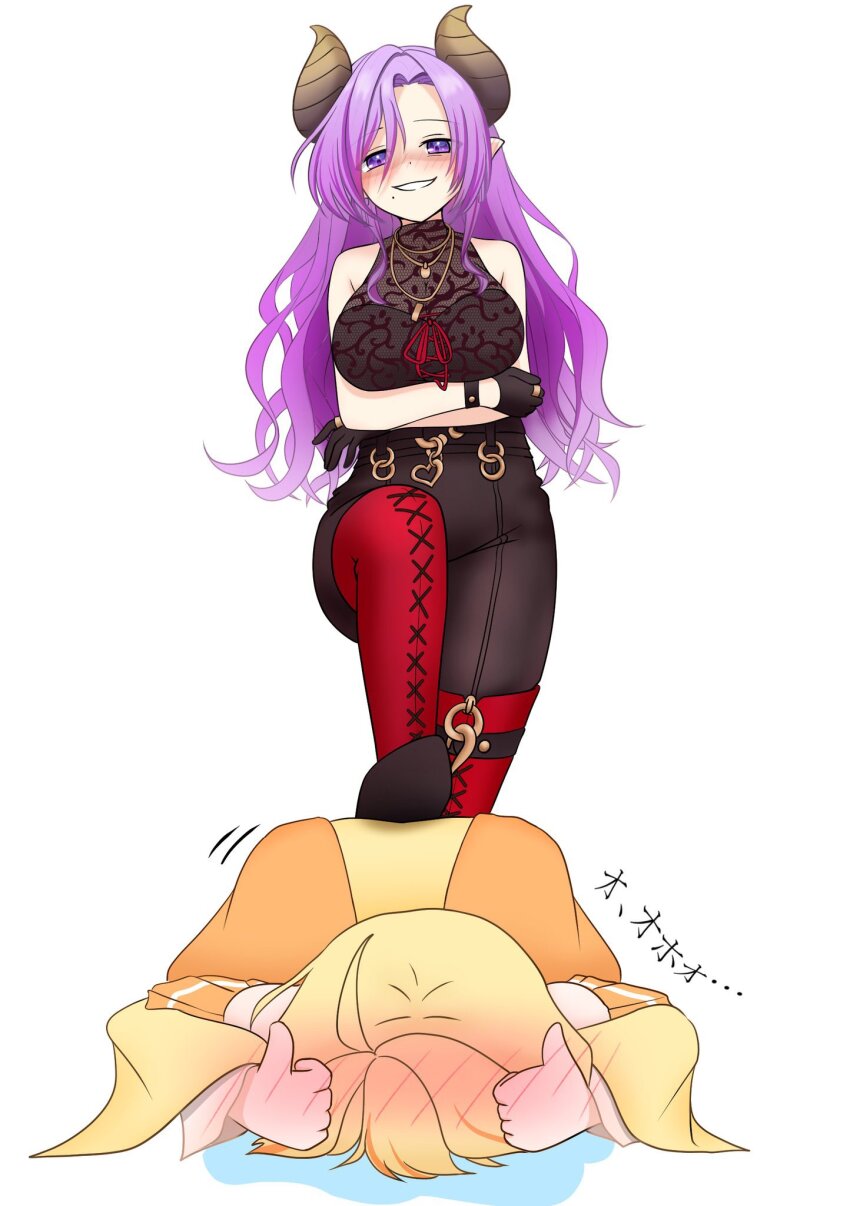 2girls, ahoge, arm_under_breasts, black_gloves, black_pants, black_shirt, blonde_hair, blush