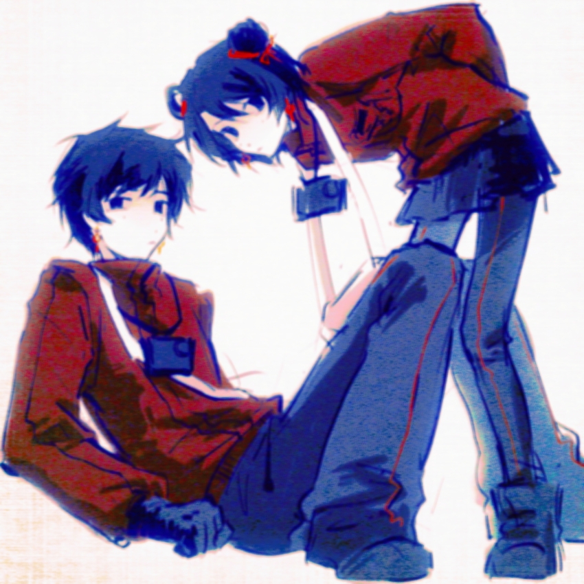 1boy, 1girl, bai_(bai40554), bent_over, black_eyes, black_gloves, black_hair, black_pants