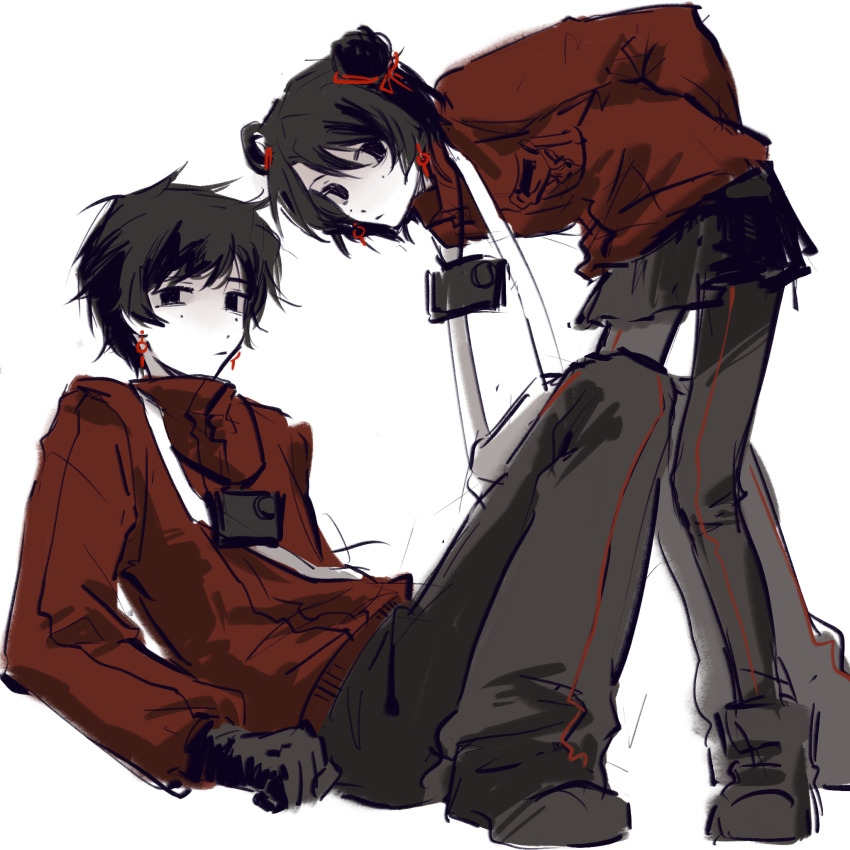 1boy, 1girl, bai_(bai40554), bent_over, black_eyes, black_gloves, black_hair, black_pants