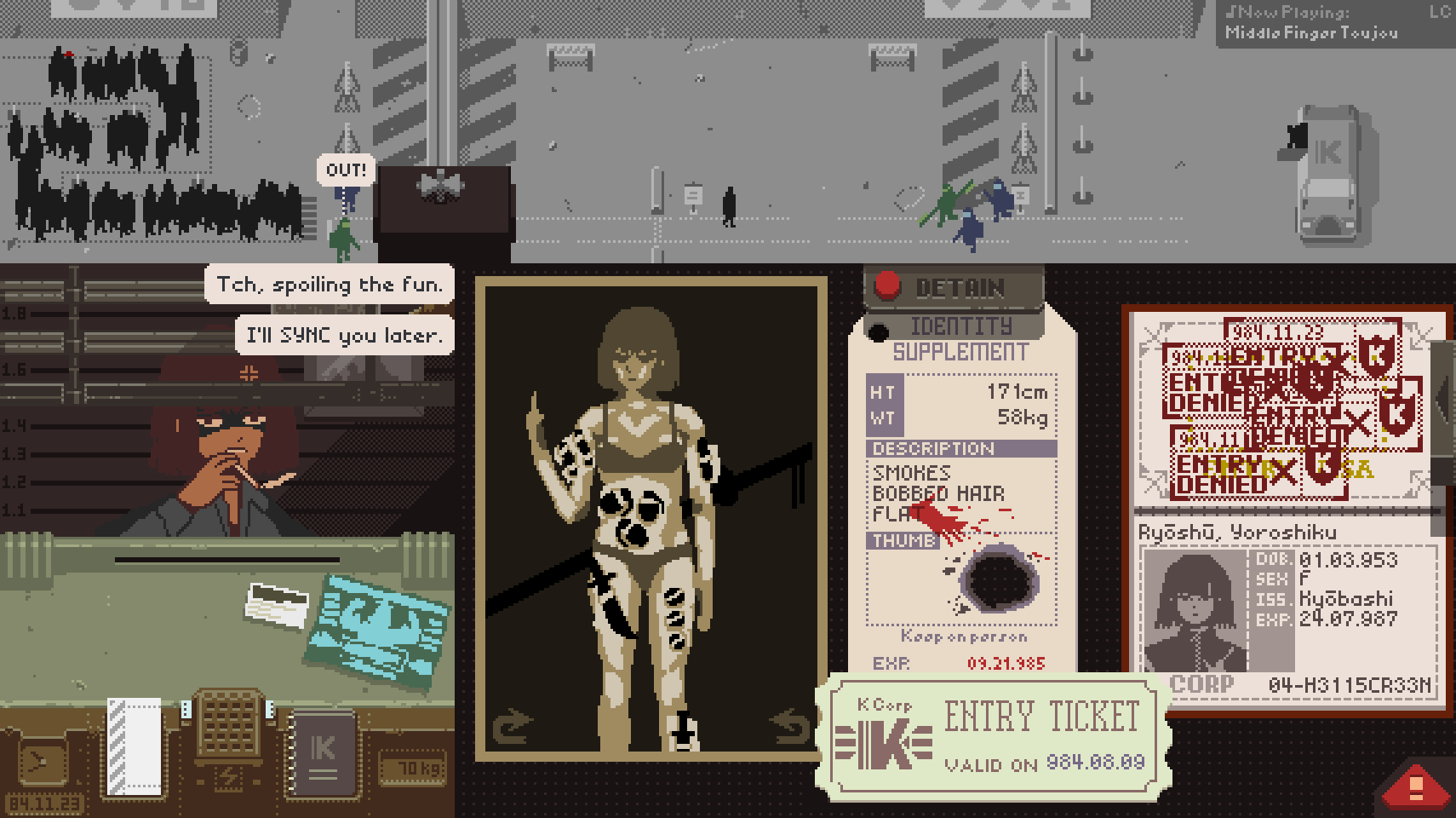 1girl, anger_vein, angry, blood, bomb, character_name, cigarette, dagger, english_text, explosive, fake_screenshot, gameplay_mechanics, highres, holding, holding_cigarette, knife, limbus_company, looking_at_viewer, medium_hair, papers_please, passport, project_moon, redm0e, road, ryoshu_(project_moon), ticket, weapon, x-ray