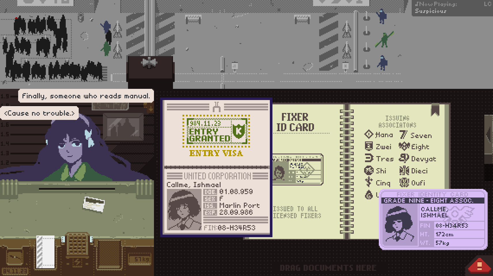 1girl, bow, character_name, english_text, fake_screenshot, gameplay_mechanics, highres, ishmael_(project_moon)