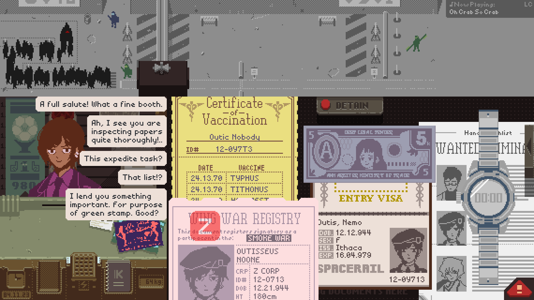1girl, banknote, character_name, english_text, fake_screenshot, gameplay_mechanics, highres, library_of_ruina