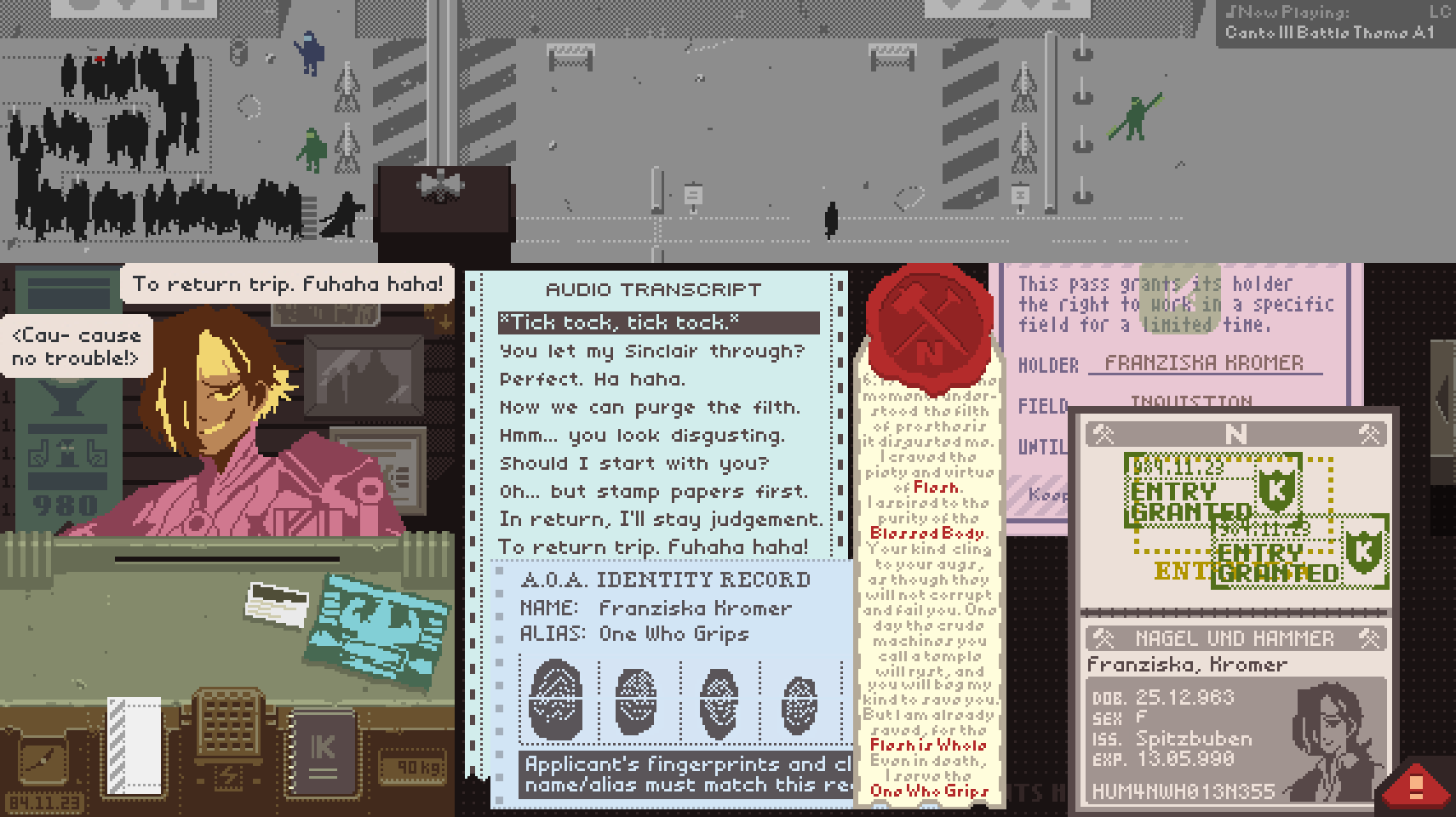 1girl, armor, character_name, english_text, fake_screenshot, from_the_moment_i_understood_the_weakness_of_my_flesh_(meme), gameplay_mechanics, hair_over_one_eye, highres, kromer_(project_moon), limbus_company, looking_at_viewer, medium_hair, meme, papers_please, passport, project_moon, redm0e, road, smile, warhammer_40k