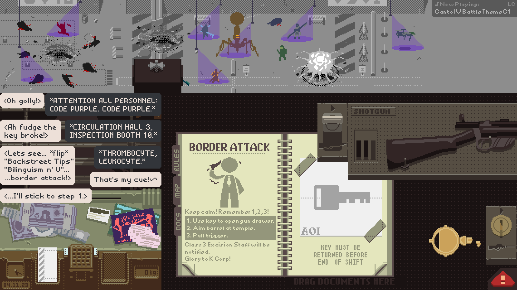 broken, character_name, english_text, fake_screenshot, gameplay_mechanics, gun, highres, hong_lu_(project_moon)