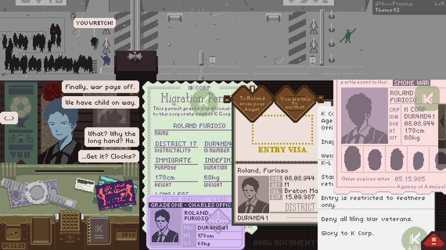 1boy, banknote, character_name, collared_shirt, english_text, fake_screenshot, fingerprint, gameplay_mechanics