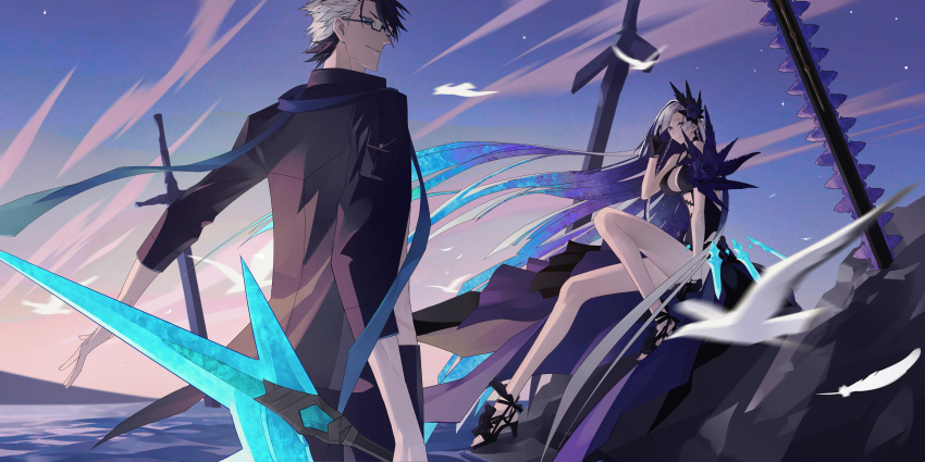 1boy, 1girl, absurdres, bare_shoulders, bird, black_gloves, blue_eyes, blue_hair