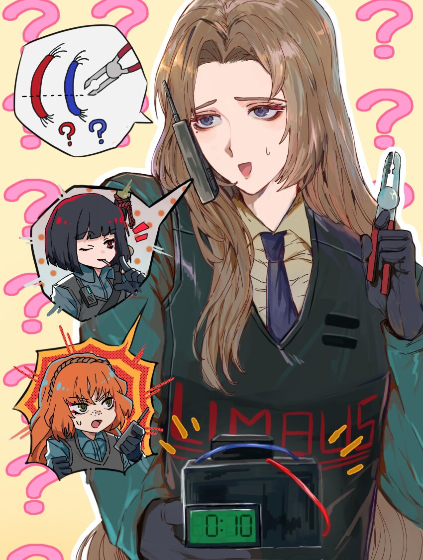 3girls, ?, absurdres, black_gloves, black_hair, blue_eyes, blue_jacket, blue_necktie