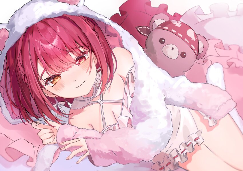 1girl, bare_shoulders, blush, breasts, charlotte11037, cleavage, dress, heterochromia