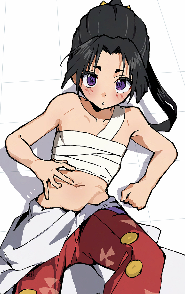 1boy, :o, bandaged_torso, bishounen, black_hair, blush, clenched_hand, collarbone