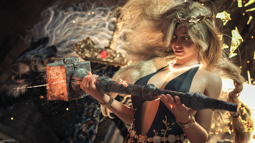 1girl, 3d, black_dress, blonde_hair, blurry, blurry_background, breasts, cleavage, darksouls, depth_of_field, dress, elden_ring, elden_ring:_shadow_of_the_erdtree, fromsoftware, glowing, glowing_necklace, highres, jewelry, medium_breasts, necklace, pearl_necklace, queen_marika_the_eternal, tagme, yellow_eyes