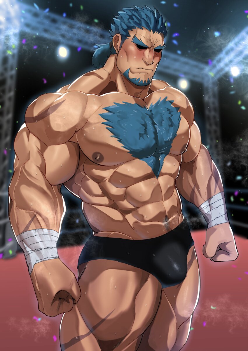 1boy, abs, absurdres, bandaged_wrist, bandages, bara, beard, biceps, blue_facial_hair, blue_hair, blush, bucchigiri?!, bulge, cheekbones, chest_hair, clenched_hands, douman_kenichirou, facial_hair, highres, large_pectorals, male_focus, multiple_scars, muscular, muscular_male, nipples, oyatu55k, pectorals, ponytail, scar, spiked_hair, sweat, thick_chest_hair, thick_eyebrows, thick_thighs, thighs, wrestling_outfit, wrestling_ring