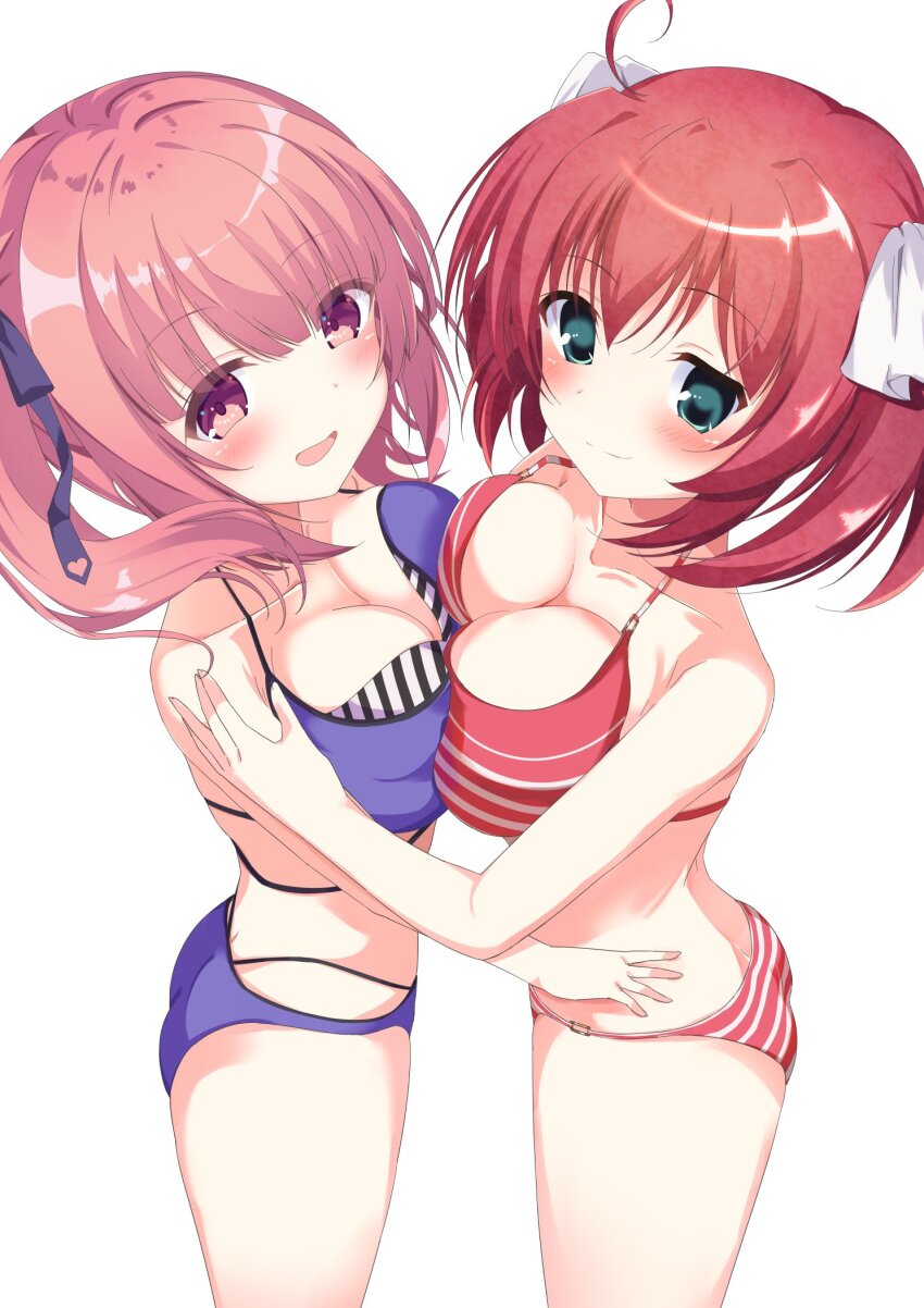 2girls, ass, bare_arms, bare_shoulders, bikini, black_ribbon, blunt_bangs, blush