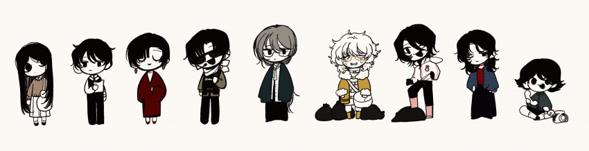 3girls, 6+boys, absurdres, bag, bai_ling_(touqi_guaitan), bei_fengling, black_eyes, black_hair, black_necktie, black_pants, black_shoes, black_skirt, black_vest, blue_jacket, boots, brown_sweater, chibi, chibi_only, chinese_commentary, closed_eyes, closed_mouth, collared_shirt, colored_skin, commentary_request, crying, dress, earrings, expressionless, facial_mark, fur-trimmed_jacket, fur-trimmed_sleeves, fur_trim, glasses, green_eyes, green_ribbon, grey_hair, highres, holding, holding_paper, holding_phone, hood, hood_down, hooded_jacket, jacket, jewelry, ji_tianzhao, lang_ququan, long_hair, long_sleeves, medium_hair, mo_chengwei, mole, mole_under_eye, multiple_boys, multiple_girls, muluo_cantu, neck_ribbon, necktie, official_art, one_eye_closed, open_clothes, open_jacket, open_mouth, pants, paper, phone, pink_boots, red_dress, ribbon, sa_milu, semi-rimless_eyewear, sha_qiuli, shi_zhaoying, shirt, shoes, short_hair, simple_background, skirt, smile, socks, sunglasses, sweater, touqi_guaitan, trash_bag, u_u, vest, white_background, white_bag, white_hair, white_jacket, white_pants, white_shirt, white_skin, white_skirt, white_socks, yellow_boots, yellow_jacket, zhong_sumei