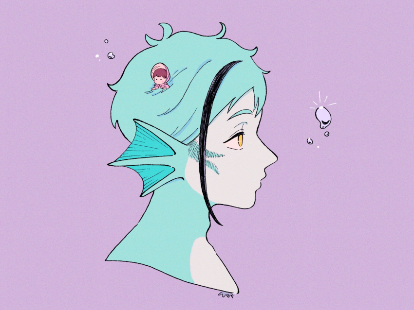 1boy, 1girl, absurdres, aged_down, baby, blue_hair, eel_boy, fins