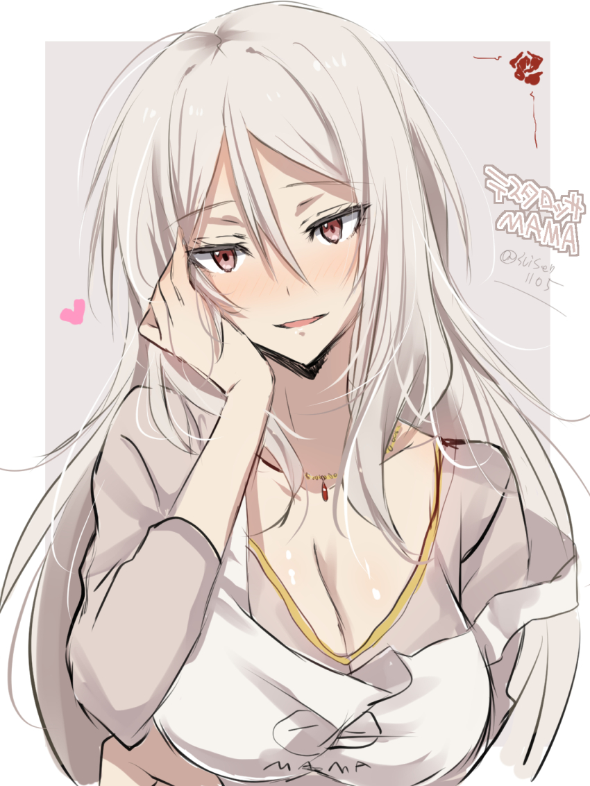 1girl, akatsuki_(ggsy7885), blush, border, breasts, cleavage, collarbone, commentary_request