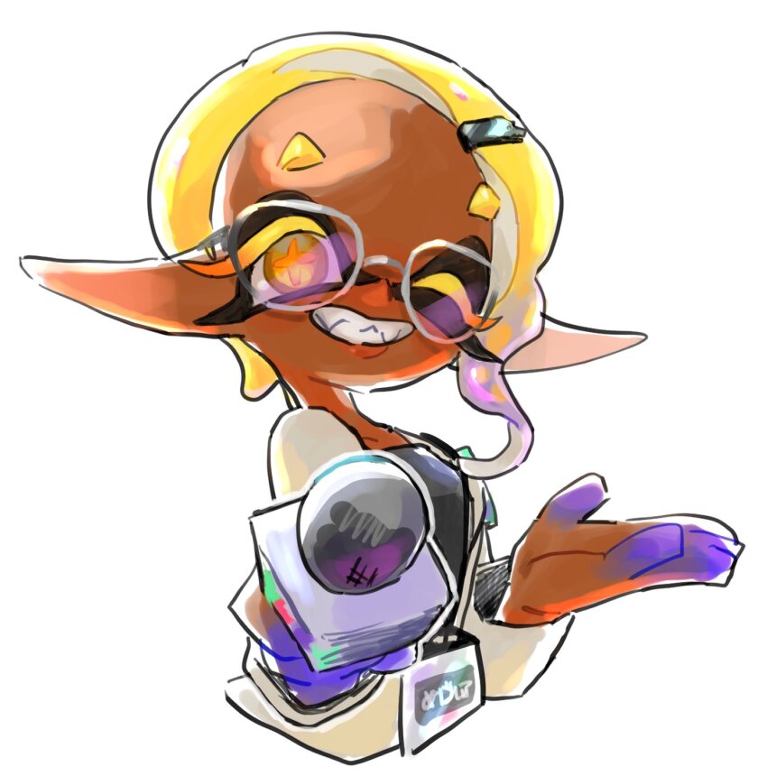 1girl, dark-skinned_female, dark_skin, fangs, frye_(splatoon), glasses, grin, hair_ornament