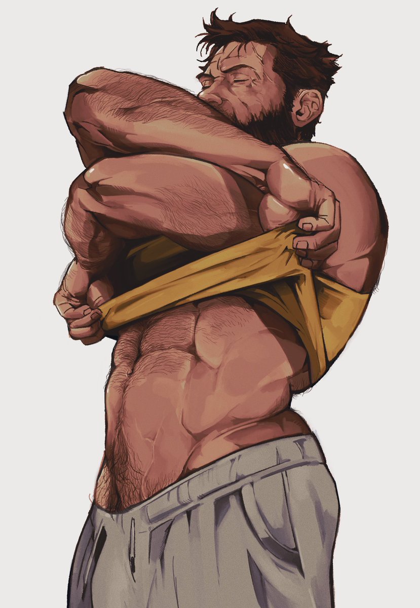 1boy, abs, arm_hair, bara, bare_shoulders, beard, bonjourdraws, brown_hair