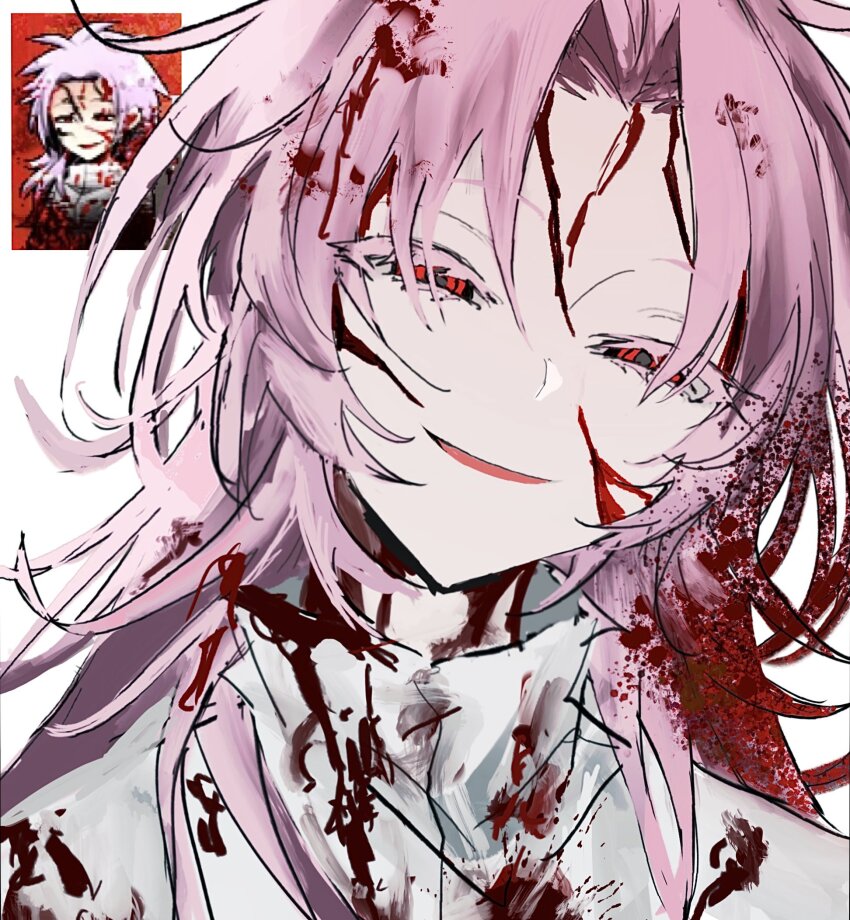 1boy, blood, blood_in_hair, blood_on_clothes, blood_on_face, colored_eyelashes, game_screenshot_inset, hatsutori_hajime