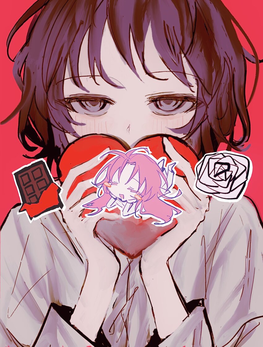 2boys, absurdres, black_hair, blush_stickers, candy, chibi, chocolate, chocolate_bar