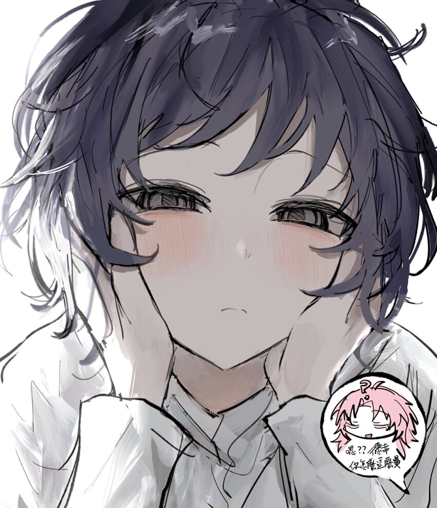 2boys, ?, black_hair, blush, chibi, chibi_inset, closed_eyes, closed_mouth