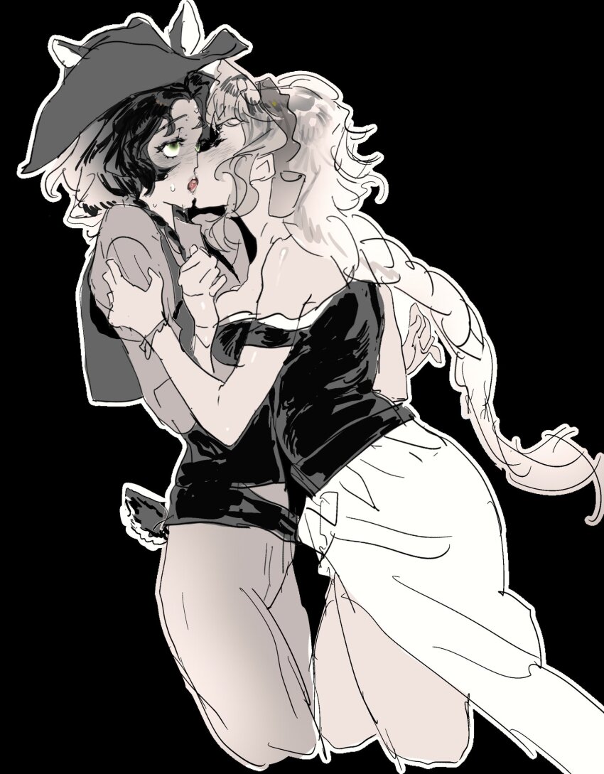 2girls, bare_shoulders, blush, braid, breasts, closed_mouth, cowboy_hat, french_kiss