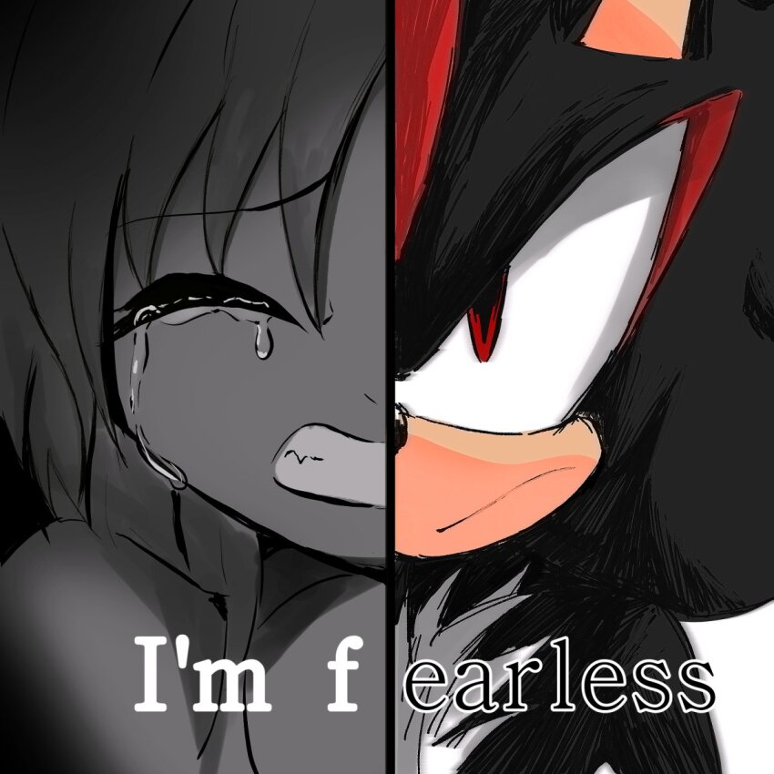 1boy, 1girl, ^_^, animal_ears, black_fur, black_hair, body_fur, clenched_teeth, closed_eyes, closed_mouth, crying, english_text, furry, furry_male, highres, i'm_fine_(meme), looking_at_viewer, meme, multicolored_hair, partially_colored, portrait, raised_eyebrows, red_eyes, red_hair, sad, serious, shadow_the_hedgehog, shapam_(zeepgalae), sidelocks, sideways_mouth, sketch, sonic_(series), split_theme, straight-on, streaked_hair, tears, teeth, two-tone_fur, two-tone_hair, white_fur