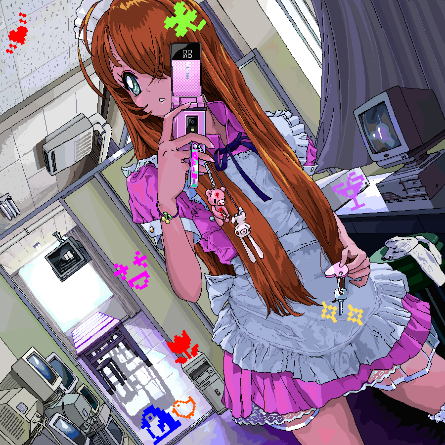 1girl, ace_akira, all-purpose_bunny, apron, aqua_eyes, brown_hair, ceiling, cellphone, cellphone_charm, charm_(object), commentary_request, computer, crt, curtains, dress, dutch_angle, flip_phone, gloomy_bear, holding, holding_phone, indoors, itazuraguma_no_gloomy, jaggy_lines, key, long_hair, maid, monitor, oekaki, original, pc-98_(computer), phone, pink_dress, solo, standing, stool, tile_ceiling, tile_floor, tiles, white_apron