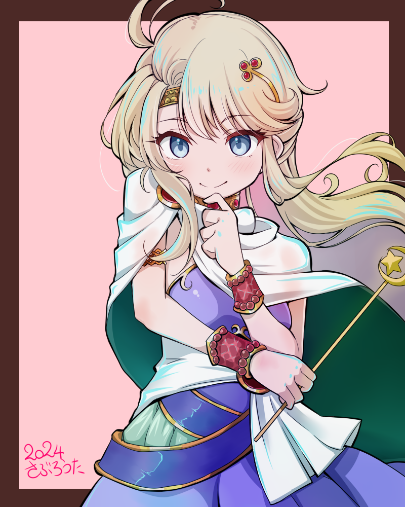 1girl, ahoge, blonde_hair, blue_eyes, blush, border, brown_border, capelet