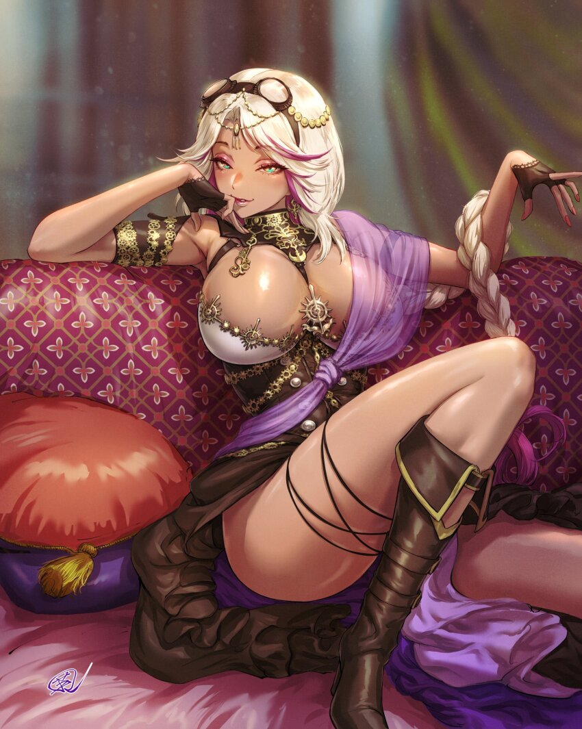 1girl, bare_shoulders, blonde_hair, boots, braid, breasts, couch, dark-skinned_female, dark_skin, dress, eyewear_on_head, fingerless_gloves, fujii_eishun, gloves, green_eyes, harem_outfit, head_chain, highres, indie_virtual_youtuber, jewelry, large_breasts, long_hair, looking_at_viewer, multicolored_eyes, multicolored_hair, orange_eyes, purple_hair, revealing_clothes, senya_ichiya, single_braid, sitting, solo, streaked_hair, two-tone_eyes, two-tone_hair, very_long_hair, virtual_youtuber