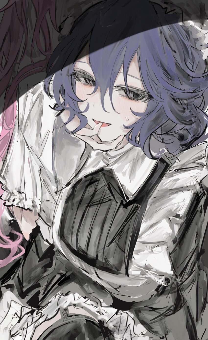 2girls, absurdres, alternate_costume, apron, black_dress, blue_hair, blush, collared_dress