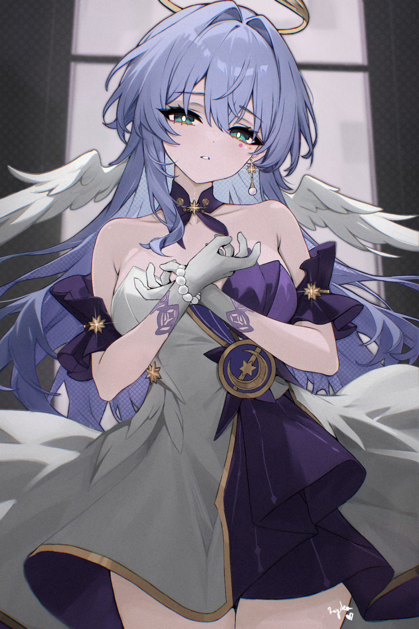 1girl, bare_shoulders, blue_hair, bracelet, breasts, bright_pupils, commentary, cowboy_shot