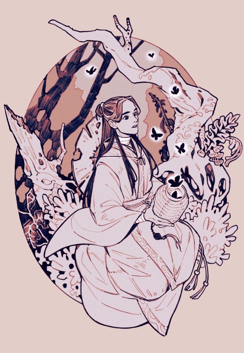 1boy, arm_wrap, bandaged_arm, bandaged_neck, bandages, black_butterfly, black_eyes, border