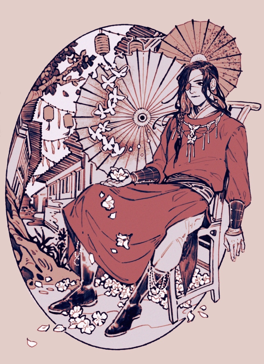 1boy, black_boots, black_eyes, black_hair, boots, border, bracer, braid, brown_background, bug, building, butterfly, butterfly_necklace, chair, chinese_clothes, closed_mouth, eyepatch, falling_flower, falling_petals, fiona_fu, flower, hair_ornament, hanfu, hanging_lantern, highres, holding, holding_flower, hua_cheng, insect, lantern, layered_clothes, light_smile, long_hair, long_sleeves, male_focus, monochrome_background, muted_color, necklace, oil-paper_umbrella, on_chair, outdoors, outside_border, oval, oval_background, pants, paper_lantern, petals, red_hanfu, side_braid, silver_necklace, sitting, solo, tianguan_cifu, tree, umbrella, white_butterfly, white_flower, white_pants, white_petals