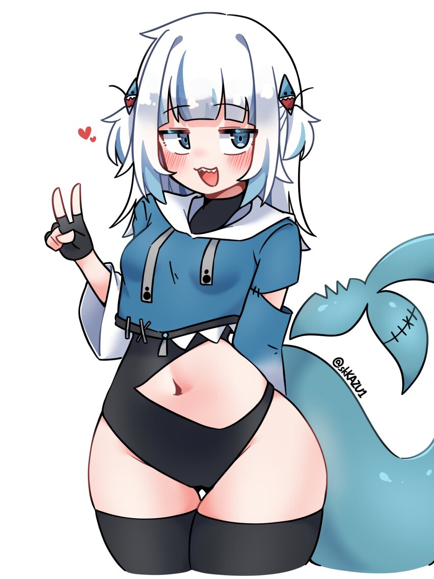 1girl, absurdres, blue_eyes, blue_hair, blunt_bangs, blush, fingerless_gloves, fins