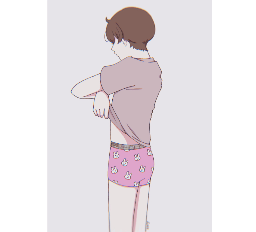 1girl, absurdres, animal_print, boxers, brown_hair, clothes_lift, cropped_legs, grey_background, highres, male_underwear, rabbit_print, reverse_trap, shirt_lift, short_hair, simple_background, tomboy, twisted_wonderland, underwear, usape0kyun, yuu_(twisted_wonderland)