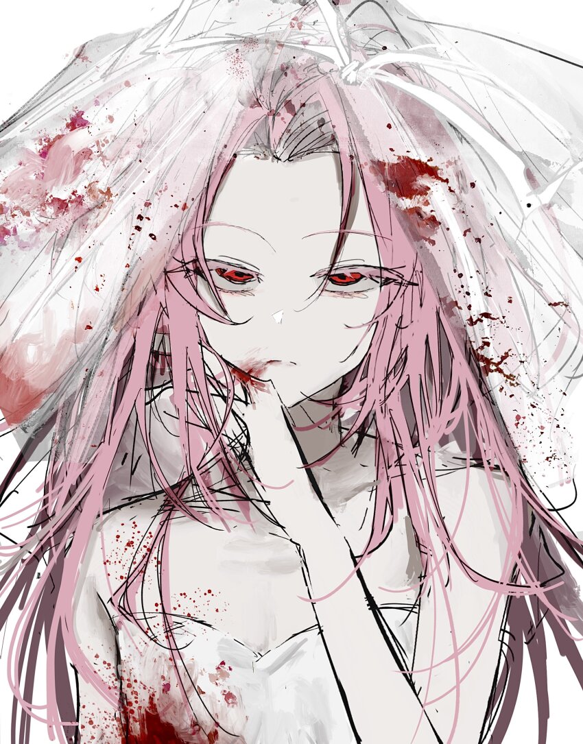 1boy, absurdres, blood, blood_on_arm, blood_on_chest, blood_on_clothes, blood_on_face, blood_on_hands, bridal_veil, bride, closed_mouth, dress, frown, hatsutori_hajime, highres, long_hair, male_focus, outeqsfhknvx, parted_bangs, pink_hair, red_eyes, saibou_shinkyoku, sanpaku, shirt, simple_background, solo, strapless, strapless_shirt, trap, veil, wedding_dress, white_background, white_shirt, white_veil, wiping_mouth