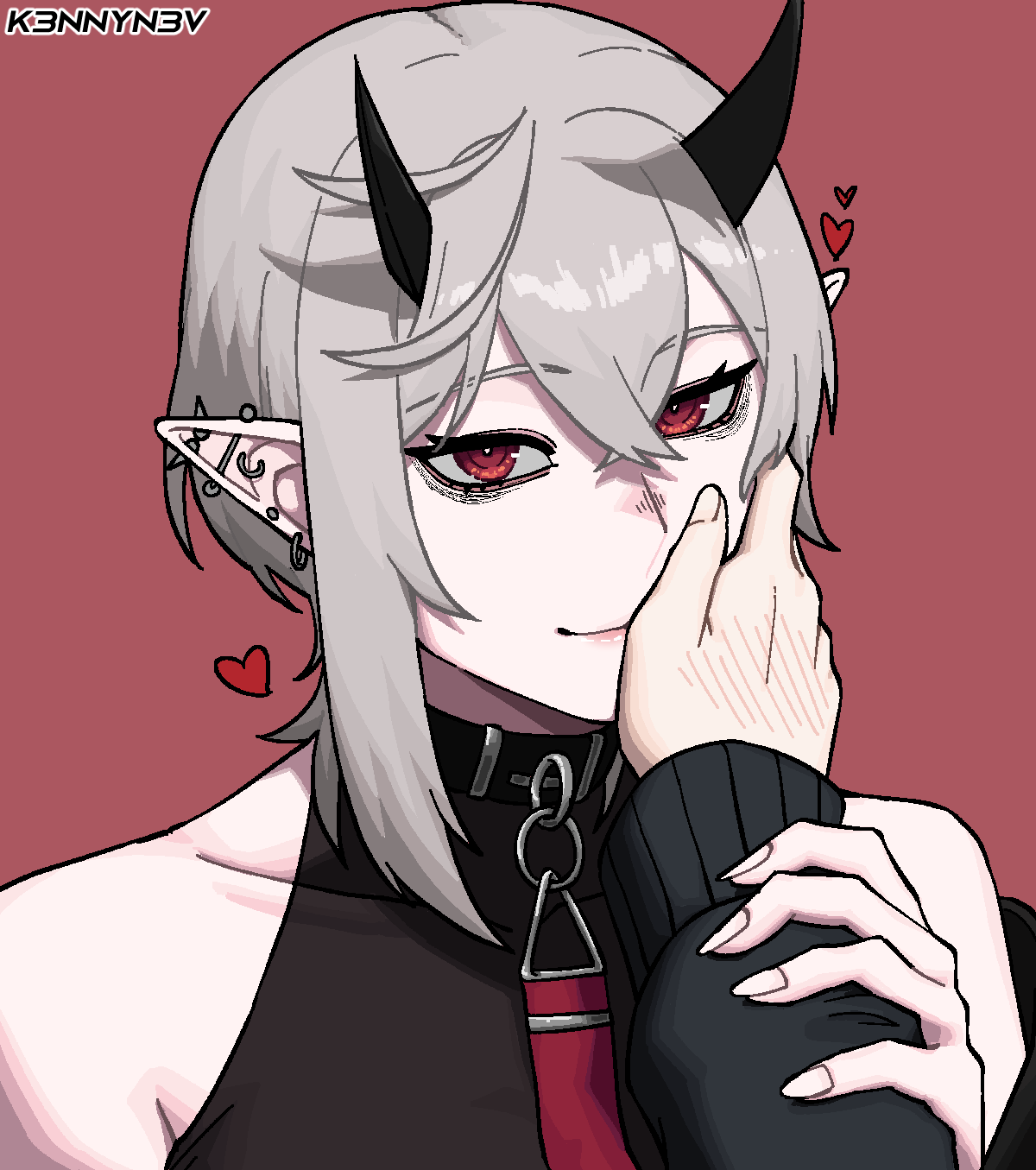 2girls, artemis_of_the_blue, artist_name, atelier_live, bare_shoulders, black_choker, black_horns, choker