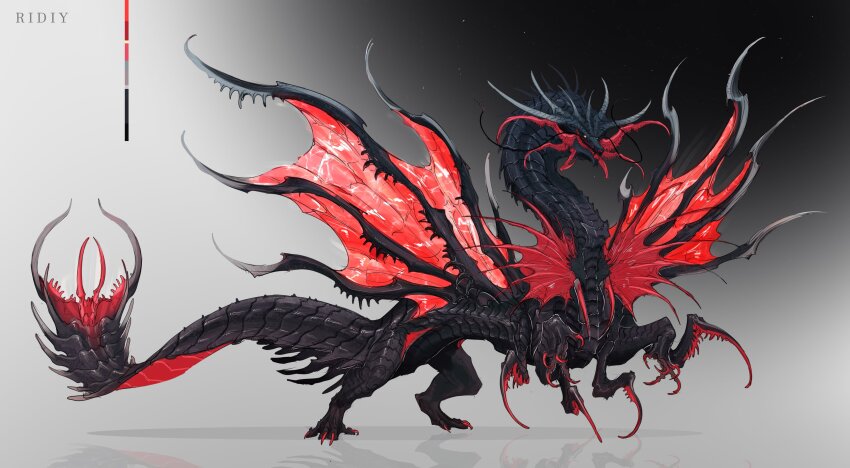 absurdres, animal_focus, arthropod_limbs, arthropod_tail, artist_name, black_scales, chimera, dragon