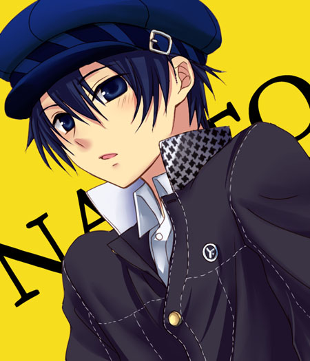 1girl, androgynous, asuka_yamagata, atlus, blue_eyes, blue_hair, blush, newsboy_cap, female_focus, hat, matching_hair/eyes, mochi_(tukimo), open_mouth, persona, persona_4, reverse_trap, school_uniform, shirogane_naoto, solo
