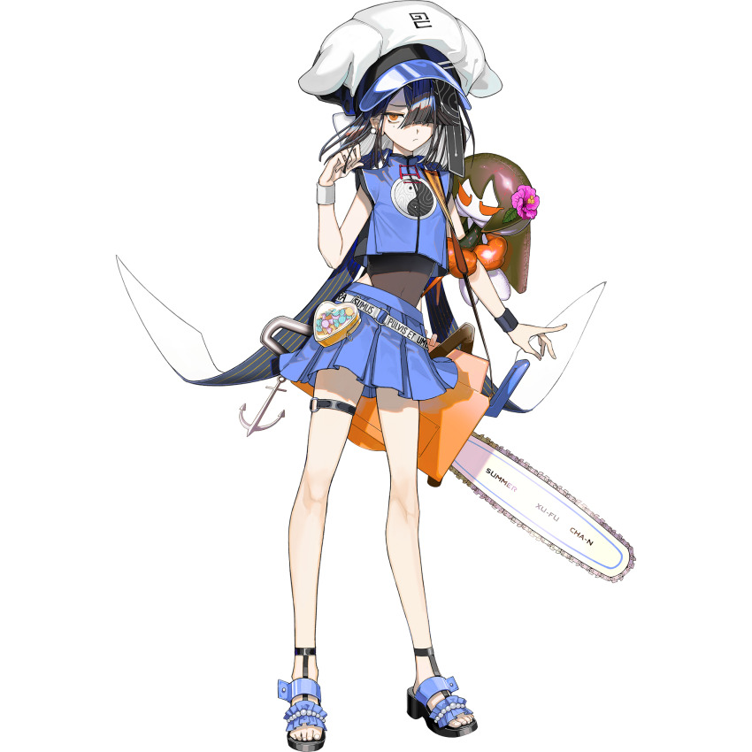 1girl, anchor, belt, black_hair, breasts, brown_eyes, chainsaw, character_doll