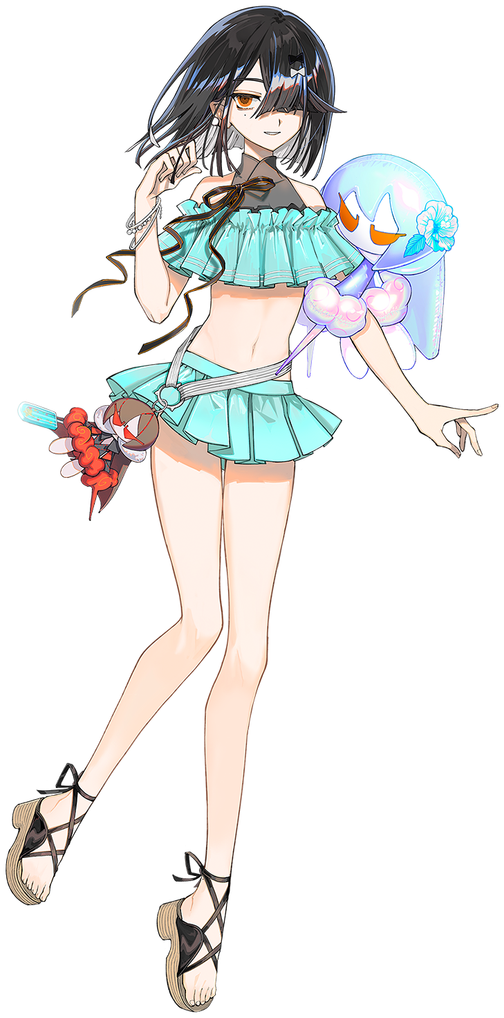 1girl, aqua_bikini, aqua_skirt, bare_shoulders, bikini, black_hair, breasts, brown_eyes, character_doll, doll, endo_(takolegs), fate/grand_order, fate_(series), full_body, game_cg, hair_over_one_eye, highres, looking_at_viewer, miniskirt, mole, mole_under_eye, navel, official_art, outline, platform_sandals, sandals, short_hair, skirt, small_breasts, smile, solo, standing, standing_on_one_leg, swimsuit, tachi-e, transparent_background, white_outline, xu_fu_(fate), xu_fu_(swimsuit_avenger)_(second_ascension)_(fate), yu_mei-ren_(fate)