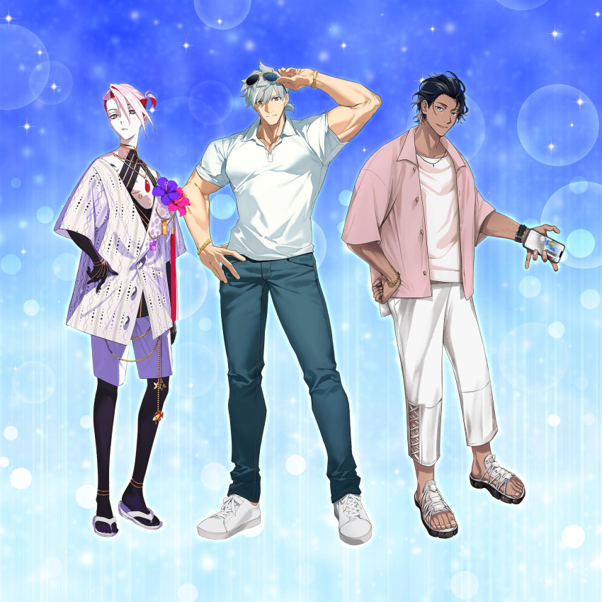 3boys, adjusting_eyewear, bartholomew_roberts_(fate), bartholomew_roberts_(smiley_summer_wear)_(fate), bishounen, black_hair, blue_background, blue_eyes