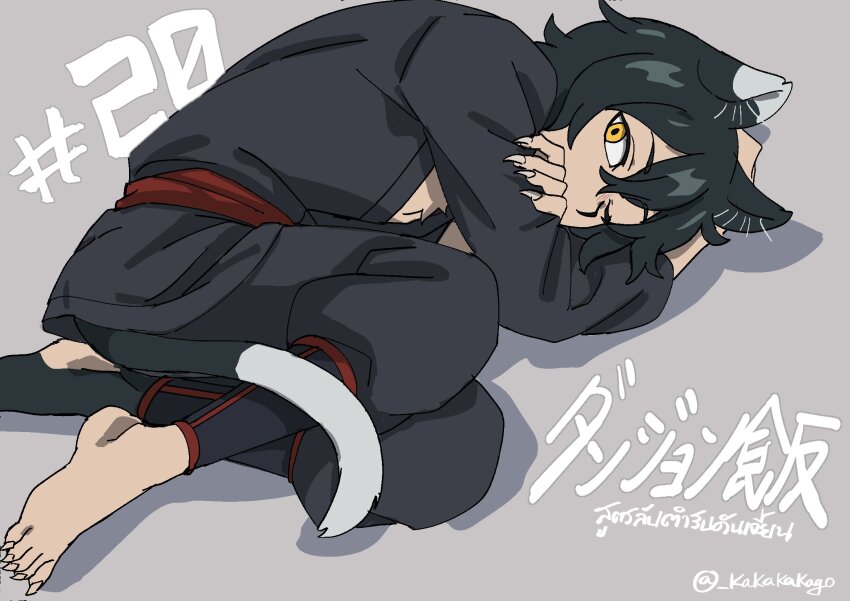 1girl, animal_ears, barefoot, black_hair, cat_ears, cat_girl, cat_tail, dungeon_meshi, fingernails, full_body, grey_background, highres, izutsumi, japanese_clothes, kkkkago, looking_at_viewer, ninja, one_eye_closed, shadow, sharp_fingernails, sharp_toenails, short_hair, solo, tail, toenails, yellow_eyes