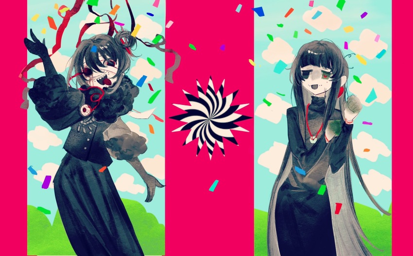 2girls, black_dress, black_eyes, black_gloves, black_hair, black_jacket, black_skirt, blunt_bangs